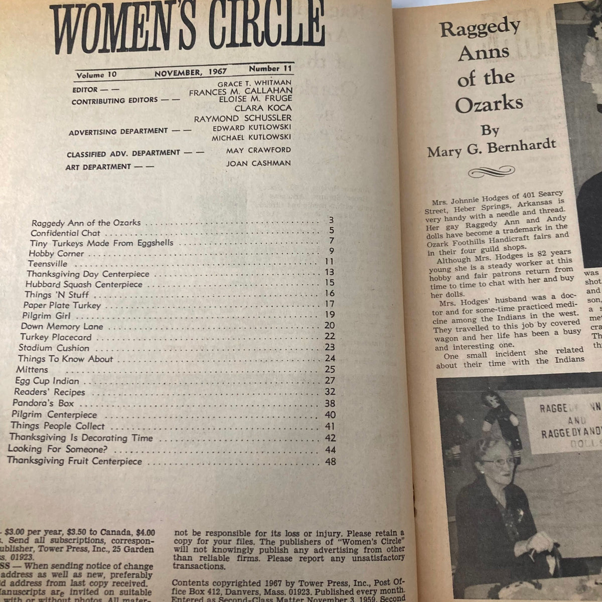 Interior page of VTG Women's Circle Magazine November 1967 featuring articles and content listings, including 'Raggedy Ann of the Ozarks.'
