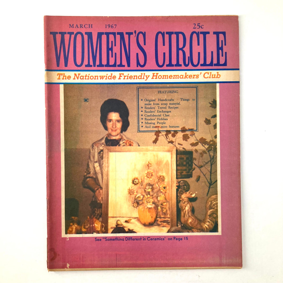 Cover of VTG Women's Circle Magazine March 1967 showcasing a woman holding a painting with a floral design, featuring articles on ceramics and handicrafts.