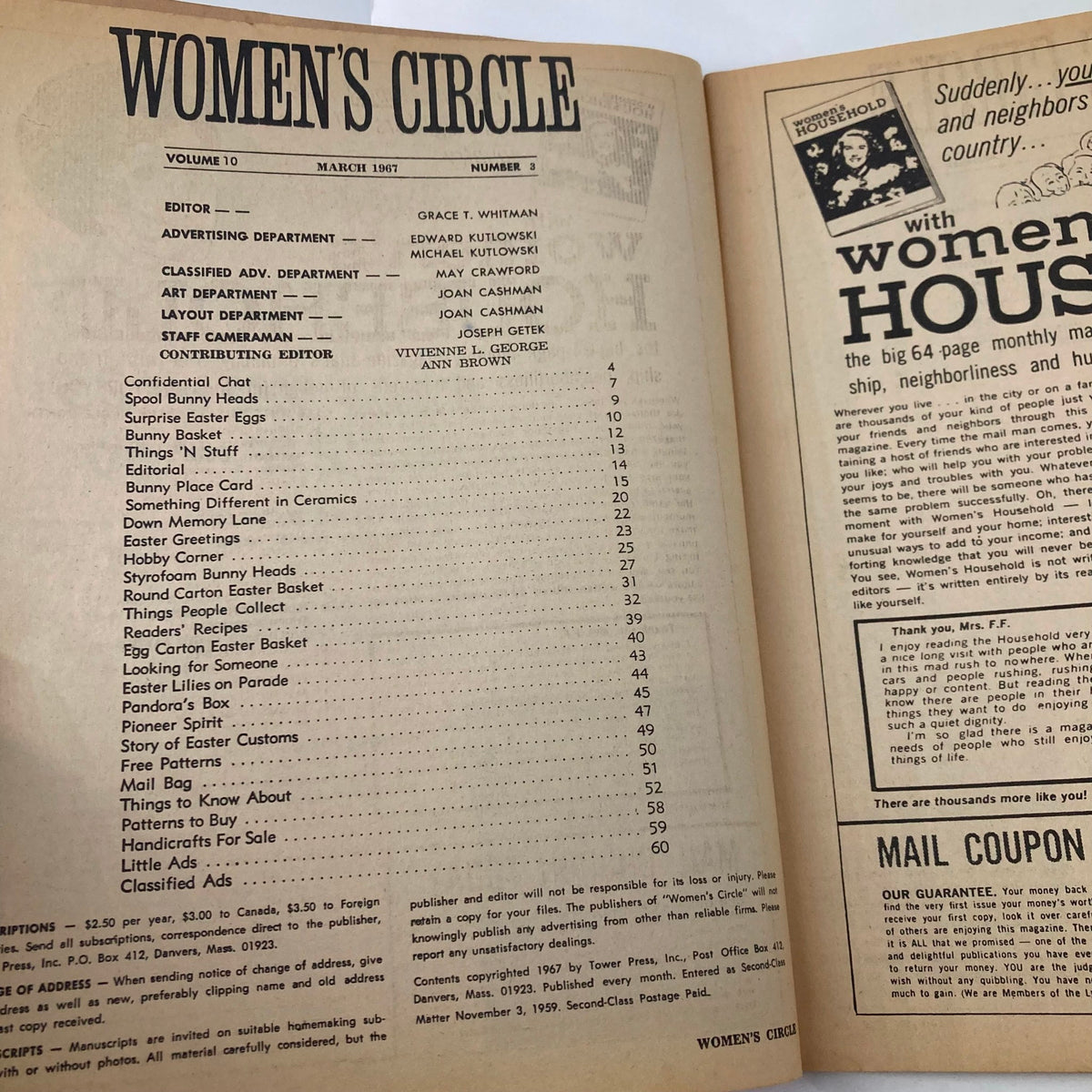Inside pages of VTG Women's Circle Magazine March 1967 showcasing the table of contents and features related to ceramics.