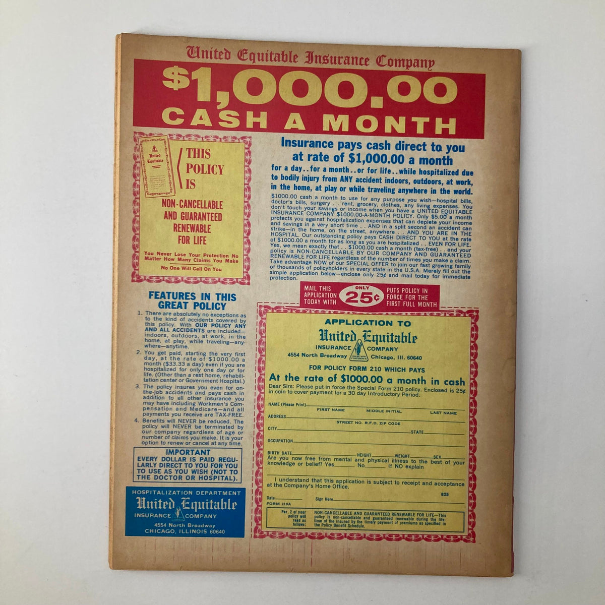 Back cover of VTG Women's Circle Magazine March 1967 featuring an advertisement for United Equitable insurance policy.