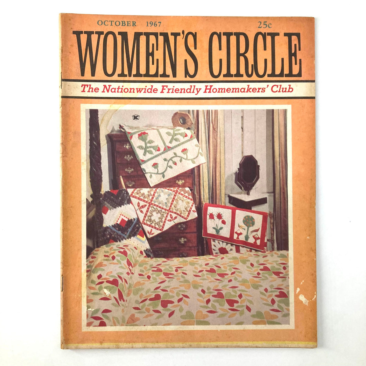 Cover of VTG Women's Circle Magazine October 1967 featuring a vintage bedroom scene with quilts and decor, showcasing the Black Cat Treat Holder.