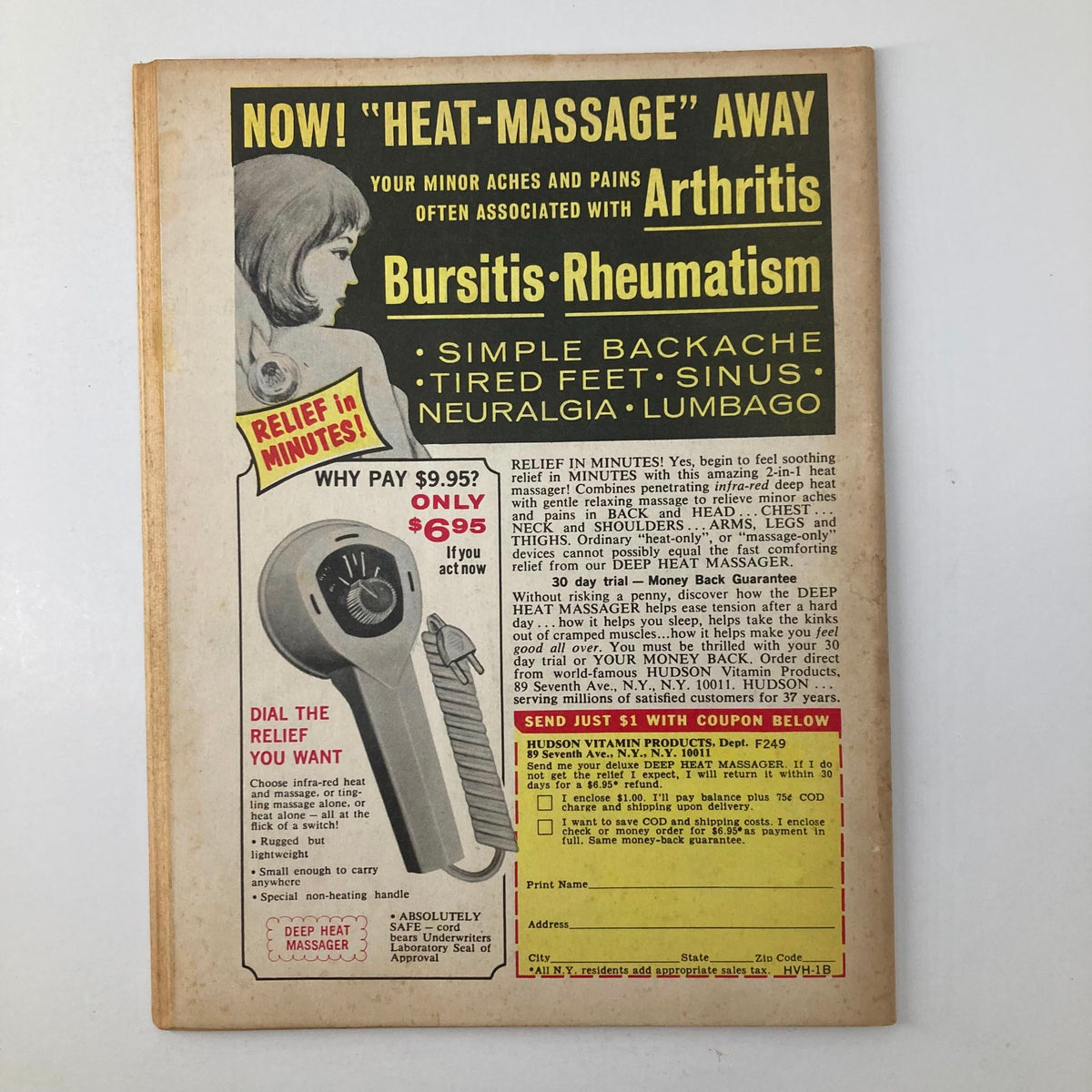 Back cover of VTG Women's Circle Magazine October 1967 advertising a heat massager product, illustrating the vintage design and advertising trends of the era.