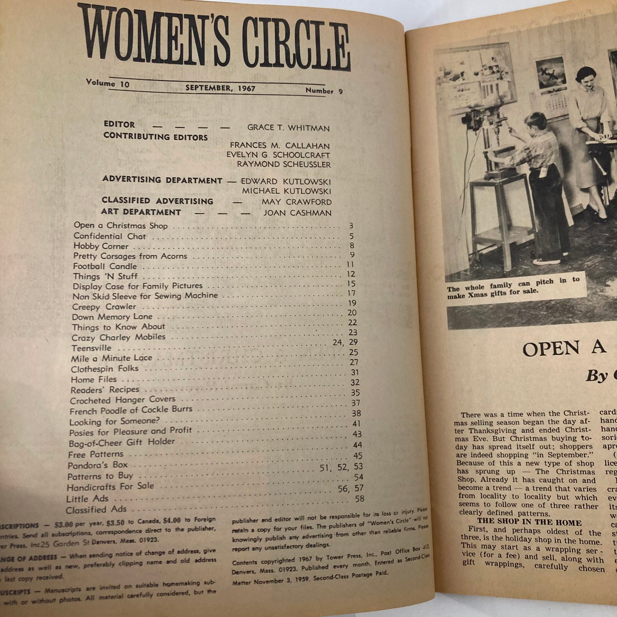 Inside page of VTG Women's Circle Magazine September 1967 displaying the table of contents along with various DIY project titles, reflecting the crafting culture of the 1960s.