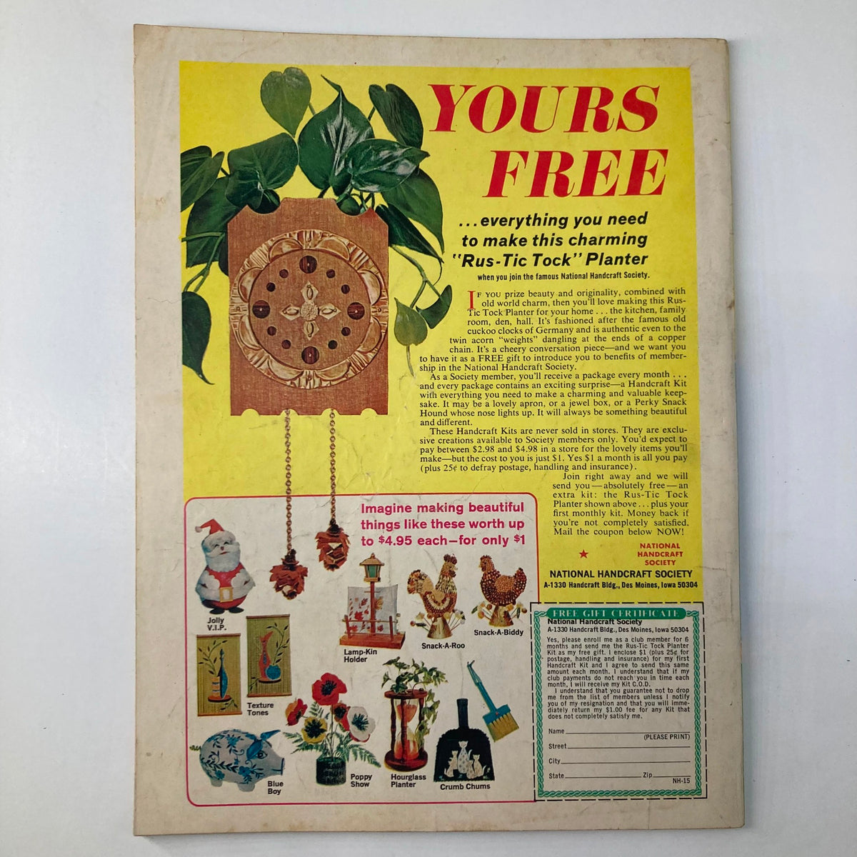 Back cover of the VTG TV-Movies Today Magazine from February 1970 featuring a vintage advertisement for a free 'Rus-Tic Tock' planter kit, showcasing a variety of craft products and promotional offers.