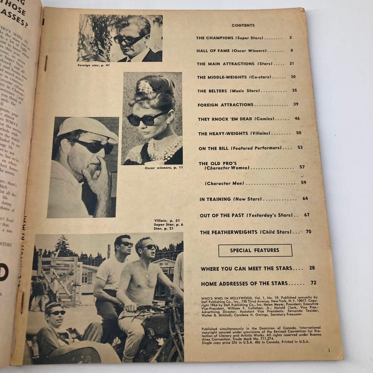 Contents page of Who's Who in Hollywood Magazine 1964, listing sections about various stars and features, highlighting the magazine's focus on Hollywood history.