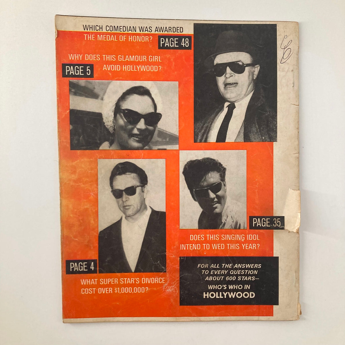 Back cover of Who's Who in Hollywood Magazine 1964, displaying intriguing questions and images of stars, enticing readers to explore the content.