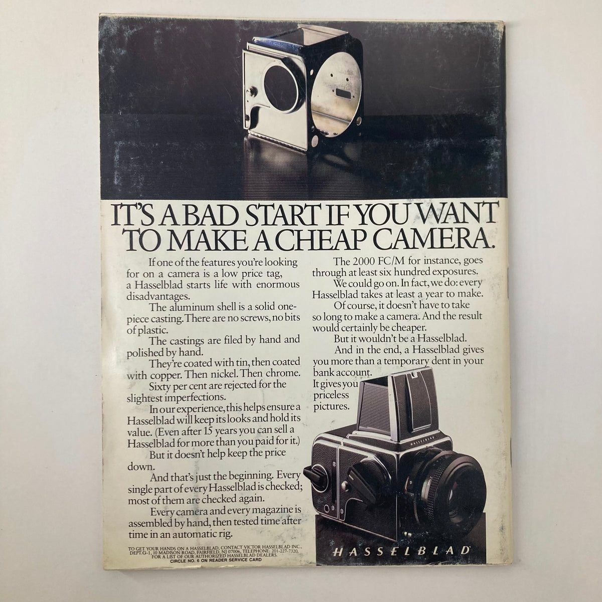 Hasselblad camera advertisement detailing high-quality craftsmanship and production standards, featuring the title 'VTG Camera Arts Magazine January 1983 Color Landscapes Photographs from the Air'.