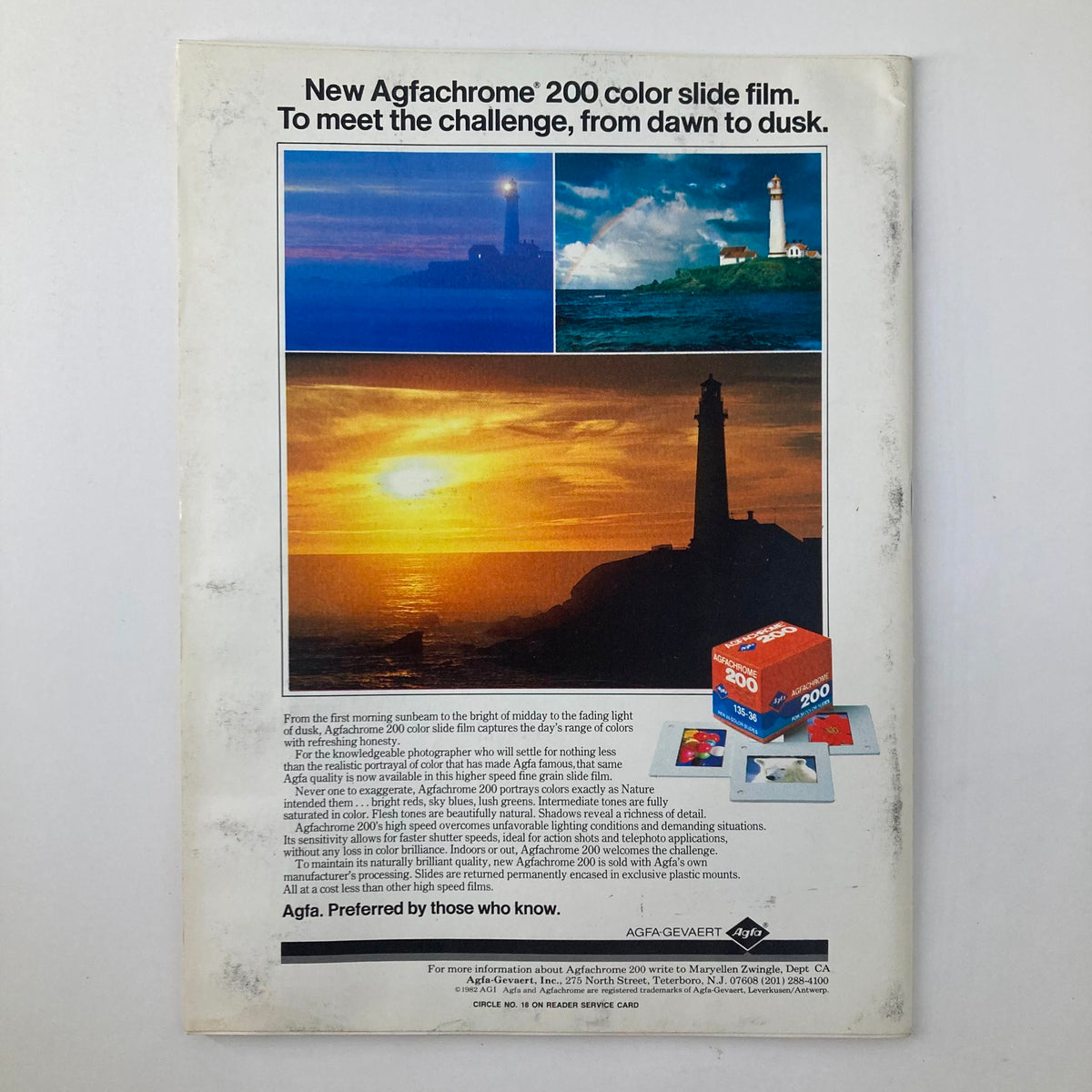 Back cover of Camera Arts Magazine, February 1983, featuring an advertisement for Agfachrome 200 color slide film. The ad highlights the film's capabilities, illustrated with stunning photography of lighthouses and sunset scenes.