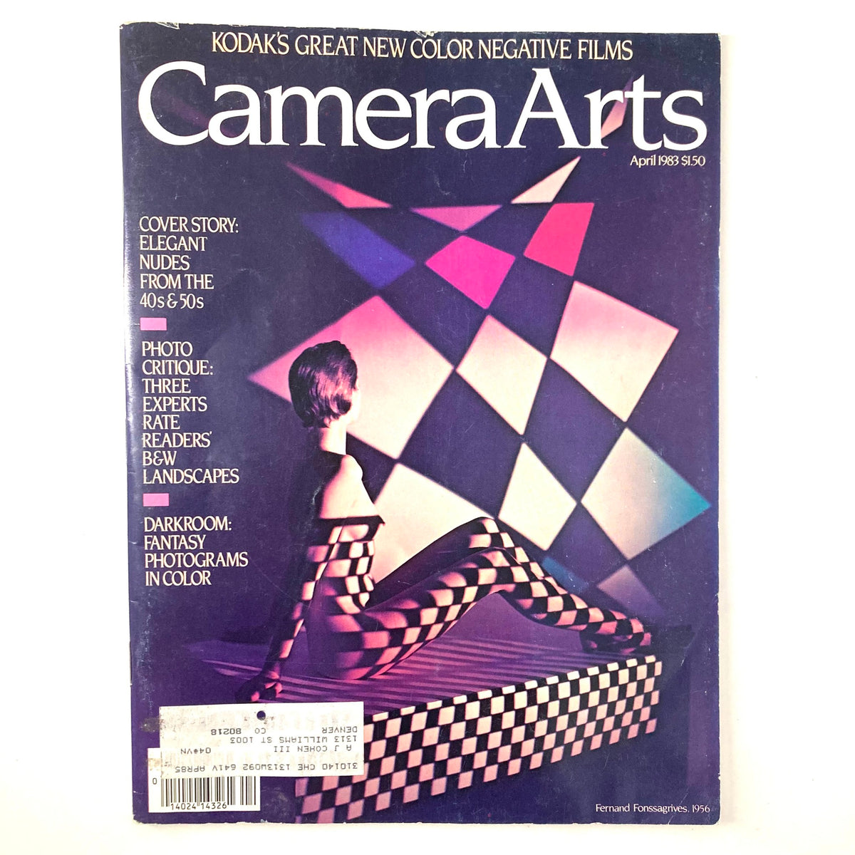 VTG Camera Arts Magazine April 1983 Cover showcasing a striking photographic design by Fernand Fonssagrives featuring a model against a colorful geometric background.