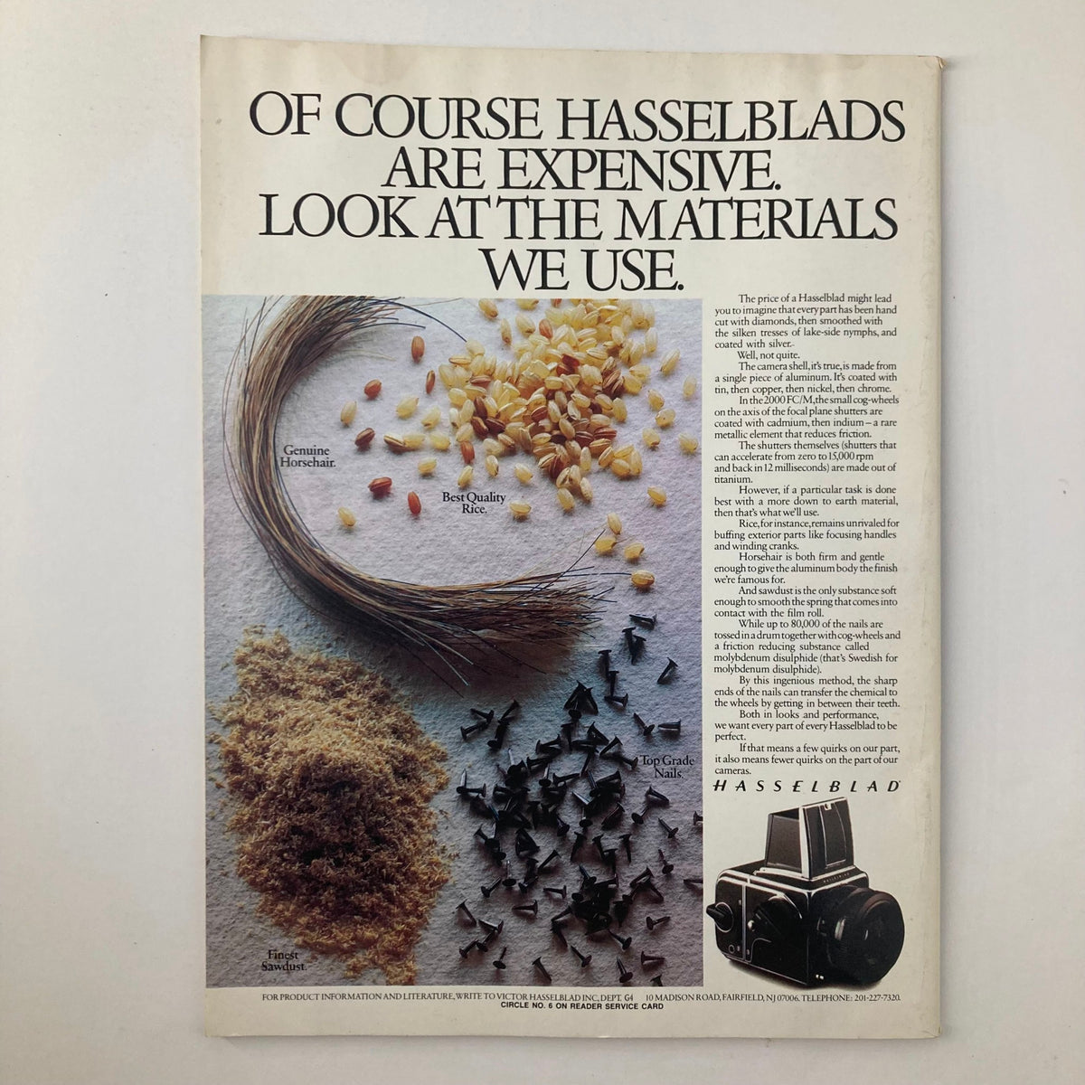 Advertisement page from Camera Arts Magazine May 1983 discussing Hasselblad cameras, highlighting the quality materials used.