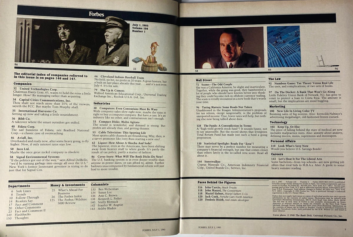 Editorial index of companies featured in Forbes Magazine dated July 1, 1985, showcasing industry insights and topics including banking challenges and corporate strategies.