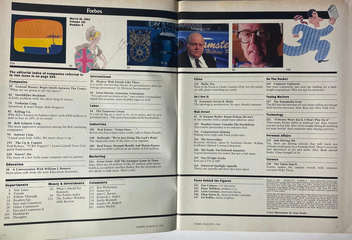 Inside pages of Forbes Magazine March 25, 1985 showing the editorial index and company references including General Motors and Kellogg Co. alongside illustrations.