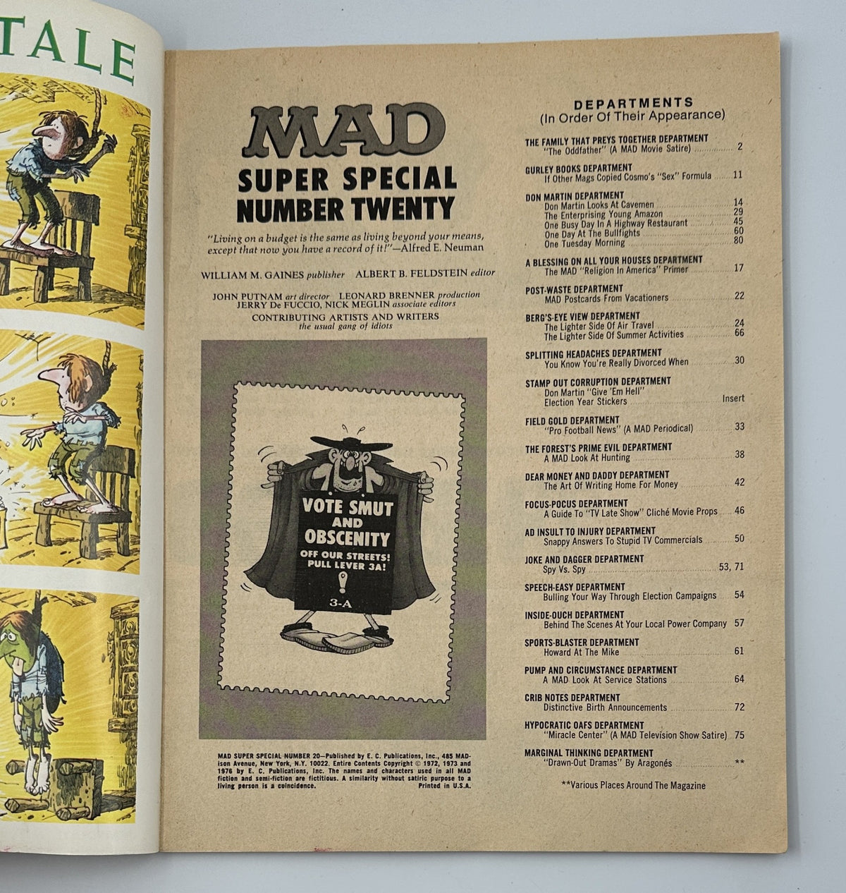 Interior page of MAD Magazine Super Special No. 20 showcasing the Table of Contents and various departments, including humorous titles and artwork related to the content of the magazine.