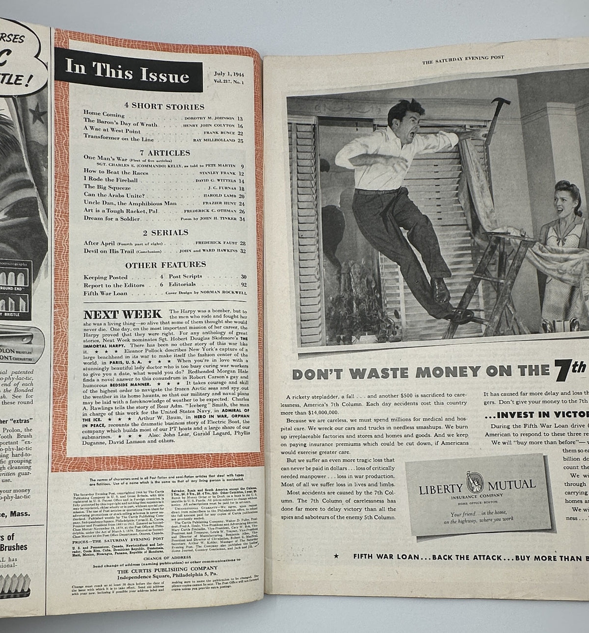 Inside spread of the Saturday Evening Post Magazine, July 1, 1944, featuring a table of contents listing short stories and articles from the issue.