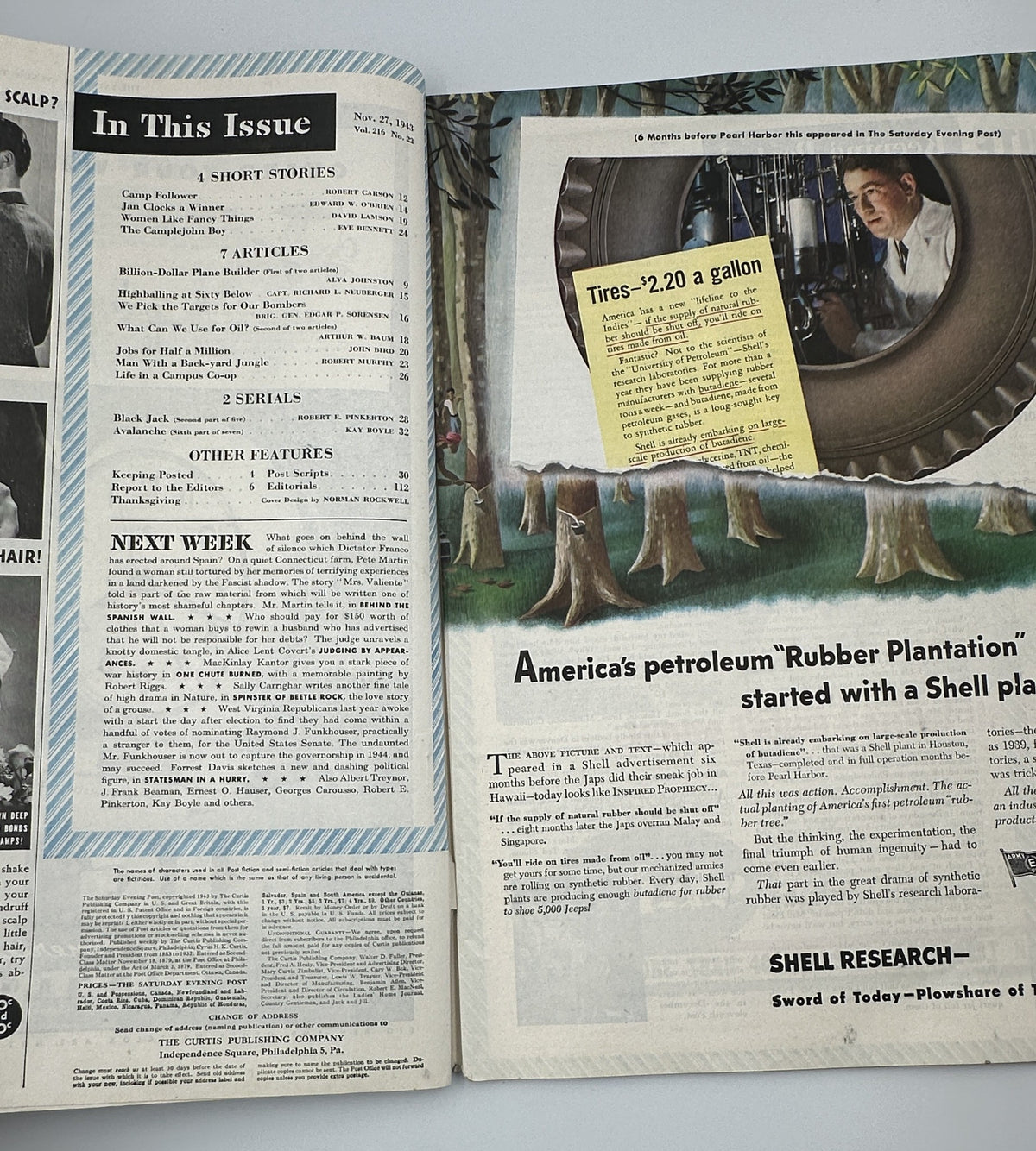 Inside spread of the Saturday Evening Post Magazine from November 27, 1943, displaying the table of contents and advertisements, representing the issue's features including short stories and articles.