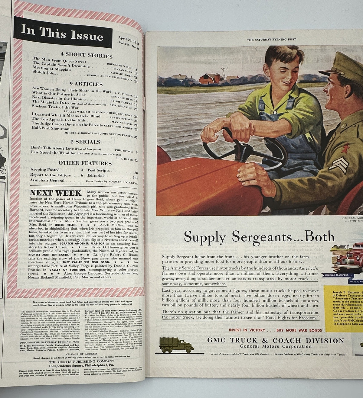 Interior page of Saturday Evening Post Magazine, April 29, 1944, showing the Table of Contents and an advertisement for GMC Truck and Coach Division, highlighting articles and stories in this issue.