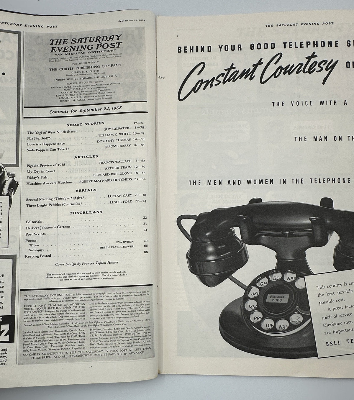 Inside page of The Saturday Evening Post magazine from September 24, 1938, displaying the Table of Contents and an advertisement for telephone services with a vintage telephone image.