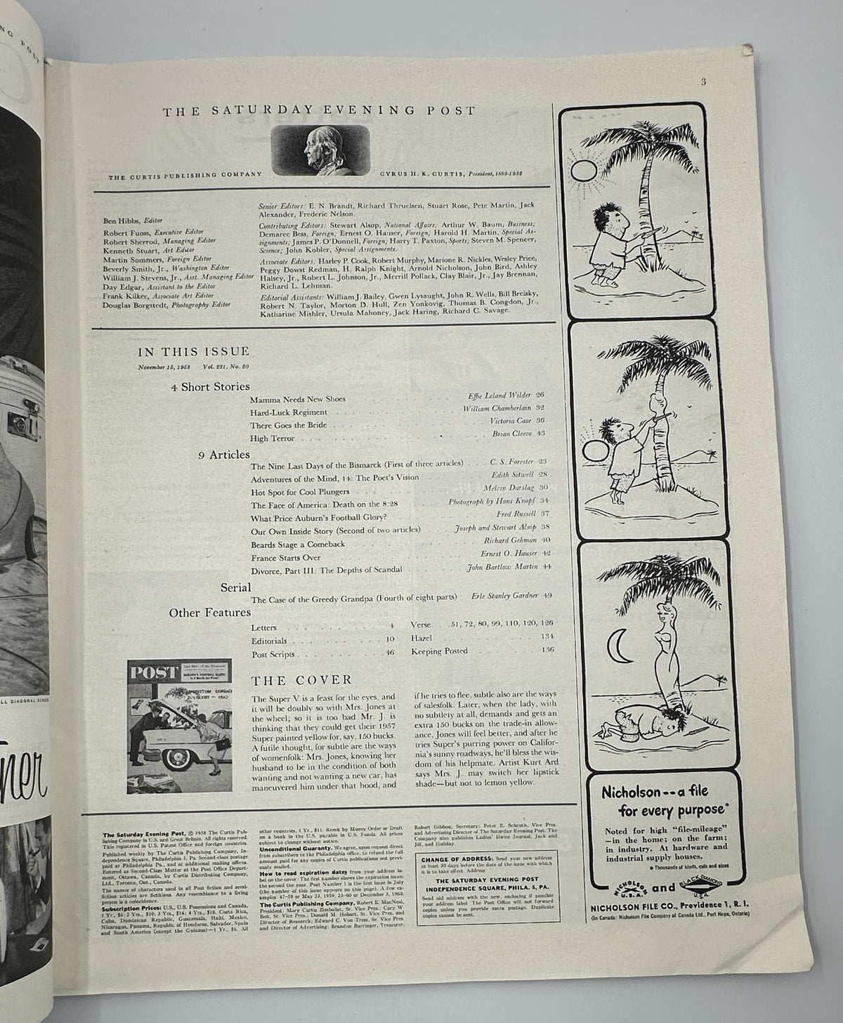 Inside page of the Saturday Evening Post magazine from November 15, 1958, featuring the Table of Contents with headings for short stories and articles, plus additional features.