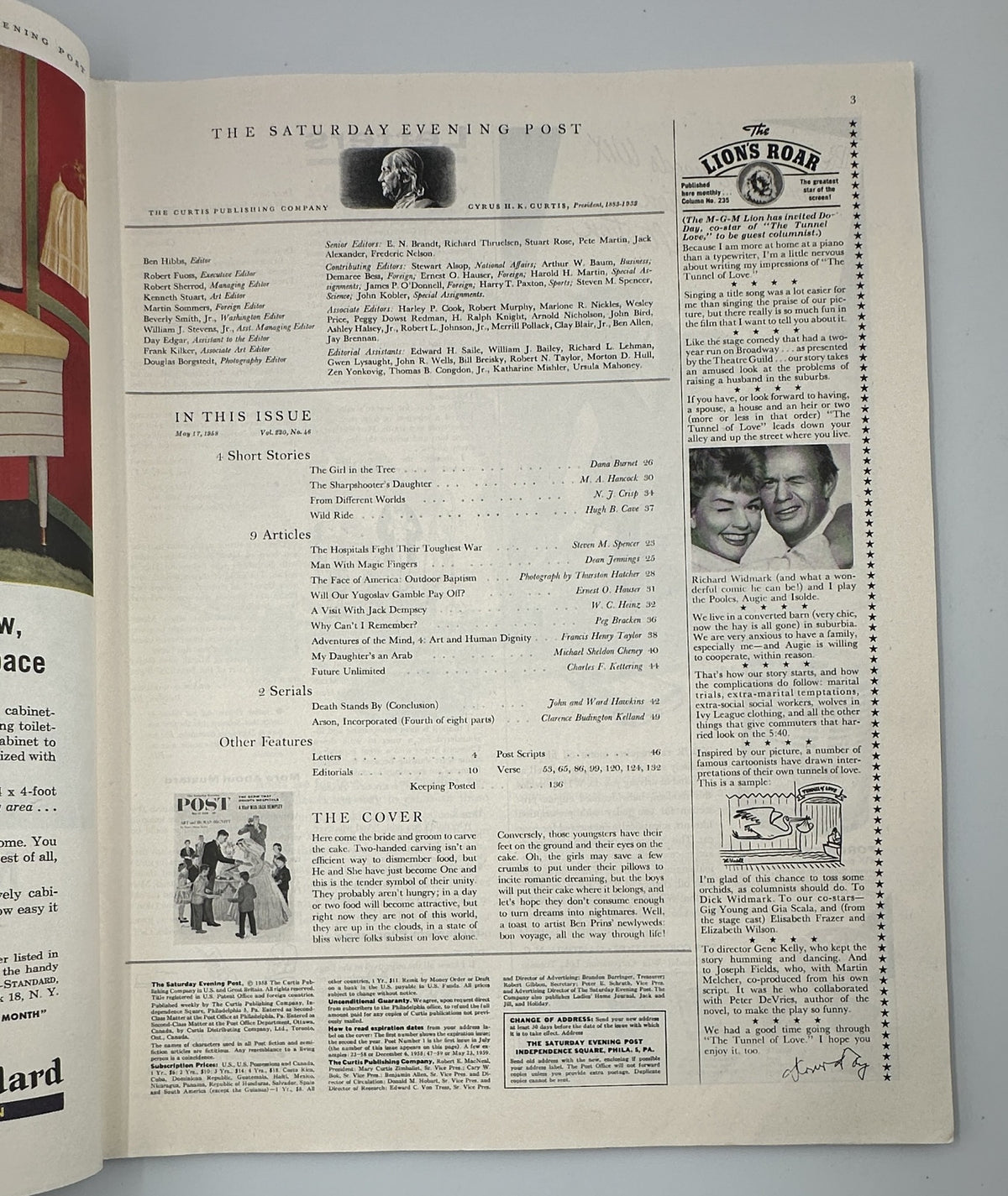 Inside page of the Saturday Evening Post Magazine from May 17, 1958 listing contents including short stories and articles, with emphasis on 'The Hospitals Fight Their Toughest War' and other features.