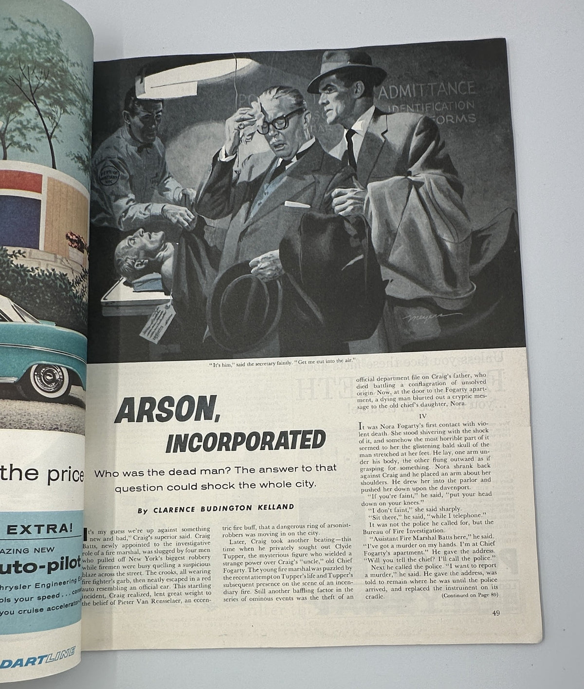Interior illustration from the Saturday Evening Post Magazine May 17, 1958 titled 'Arson, Incorporated' by Clarence Budington Kelland, depicting a suspenseful scene involving a mysterious figure and detectives.