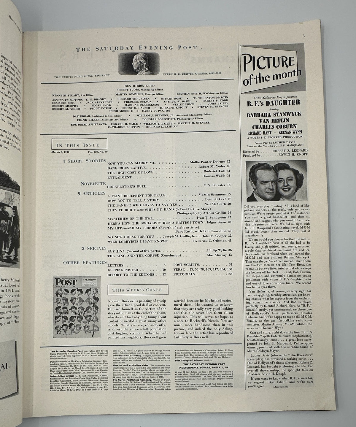 Interior page of Saturday Evening Post Magazine March 6, 1948 displaying the Table of Contents, including short stories and articles featured in this issue.