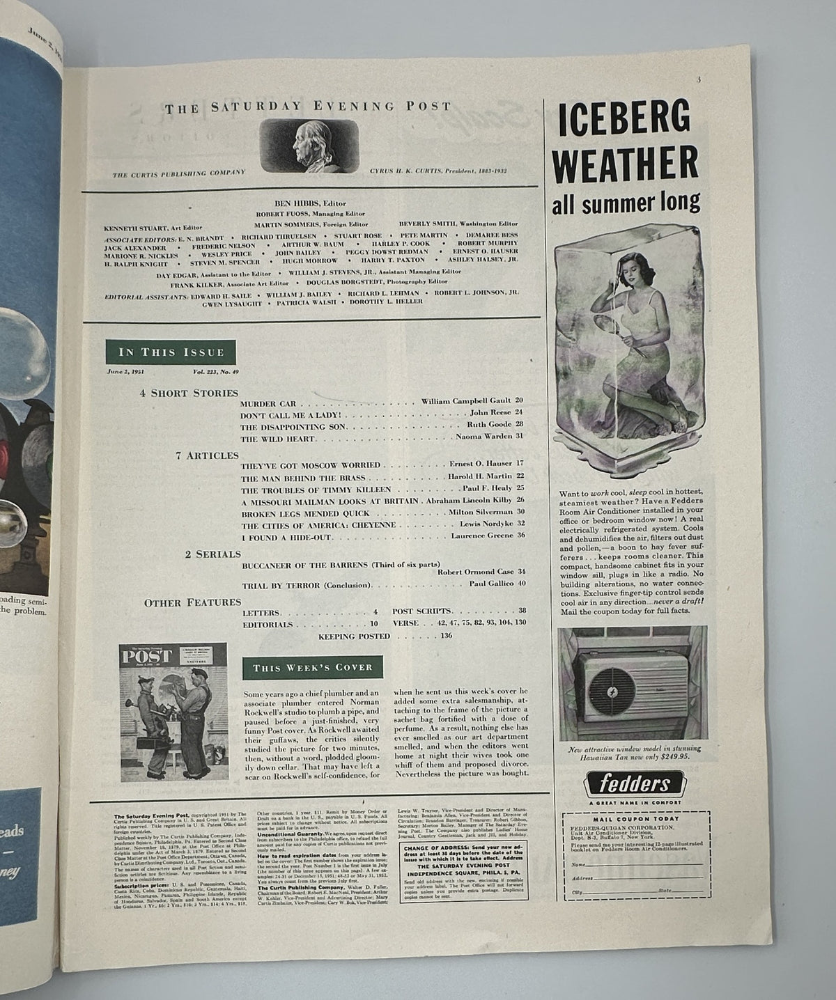 Inside page of Saturday Evening Post Magazine June 2, 1951, displaying the Table of Contents, including short stories, articles, and other features, highlighting the issue's content structure.