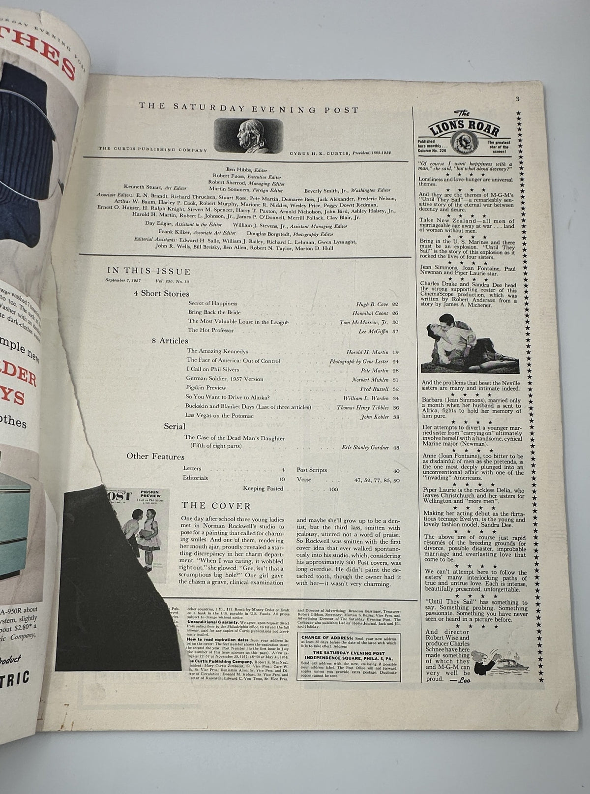 Interior page of Saturday Evening Post Magazine from September 7, 1957, displaying the Table of Contents featuring short stories and articles, highlighting the magazine's diverse content.
