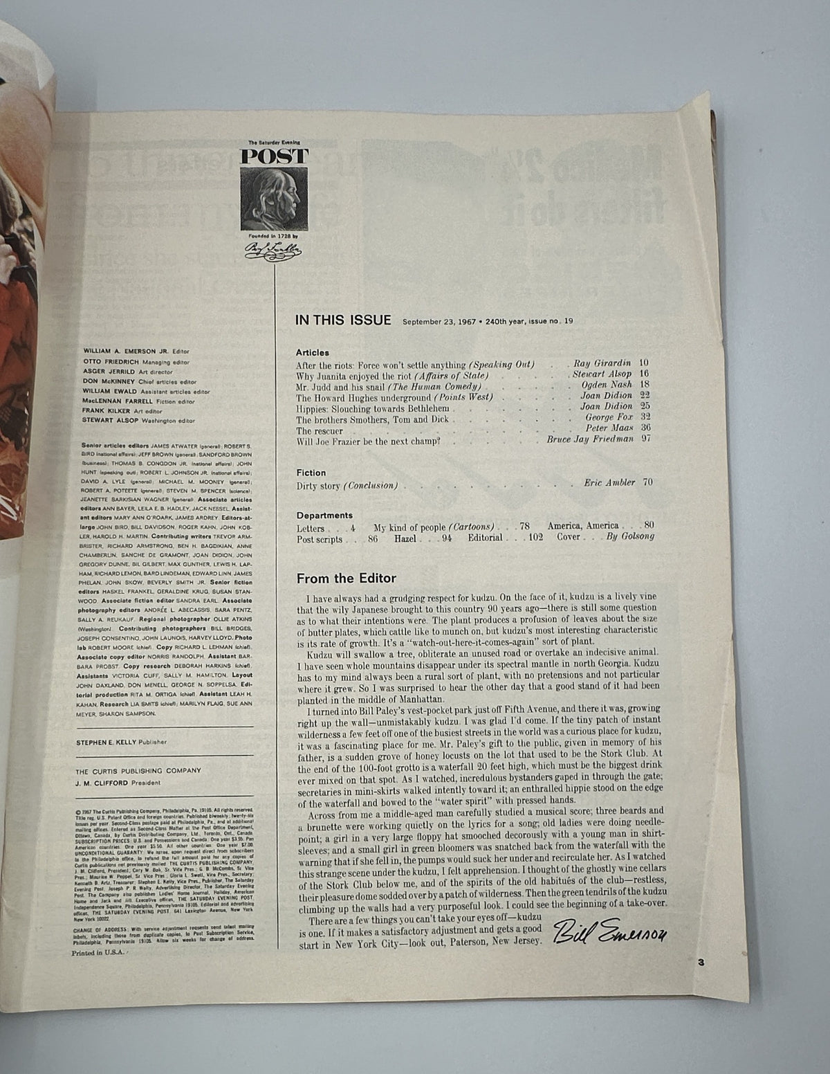 Inside page of the Saturday Evening Post Magazine from September 23, 1967 showing the Table of Contents and articles including 'Who will be the next champ?' highlighting Joe Frazier.