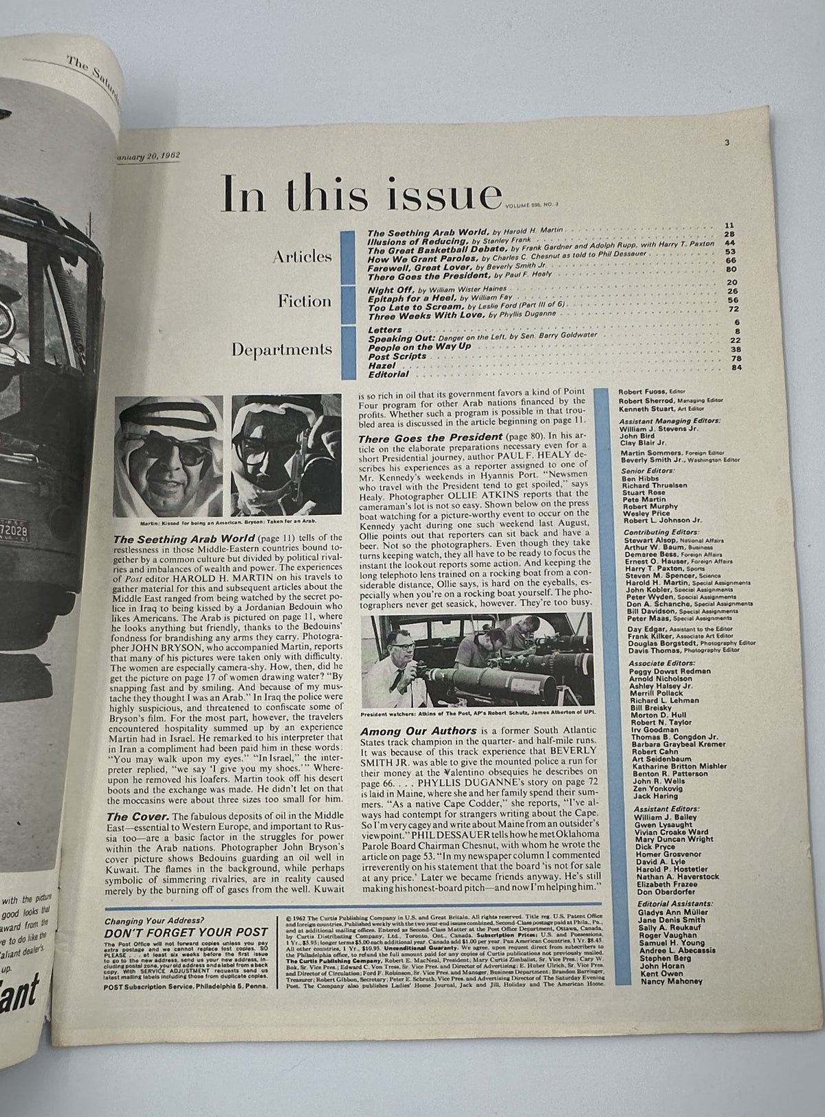 Interior page of Saturday Evening Post Magazine January 20, 1962, displaying the Table of Contents, including articles such as 'The Seething Arab World' and editorial notes.