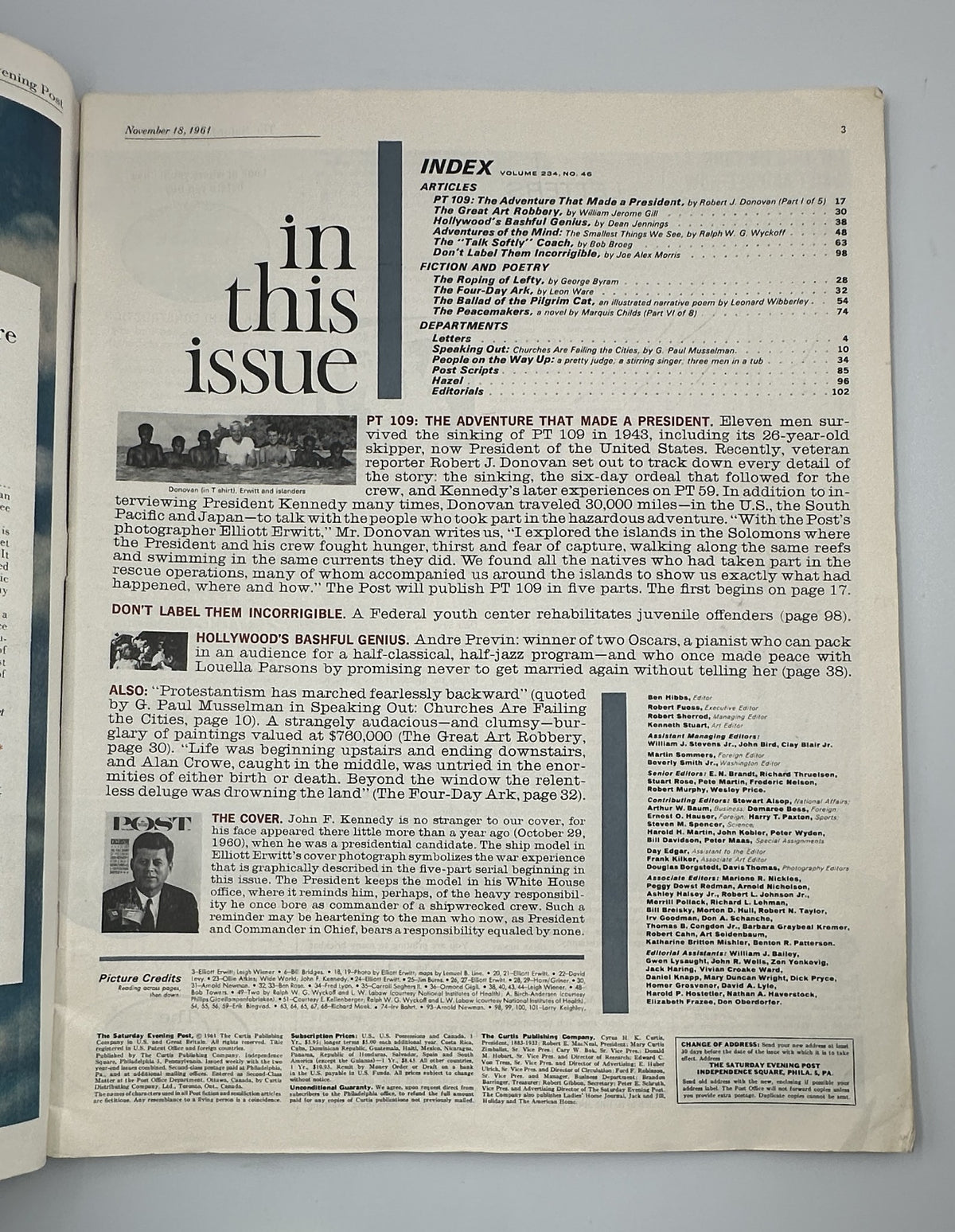Index page of the Saturday Evening Post Magazine dated November 18, 1961, featuring the article 'PT 109: The Adventure That Made a President' by Robert J. Donovan.