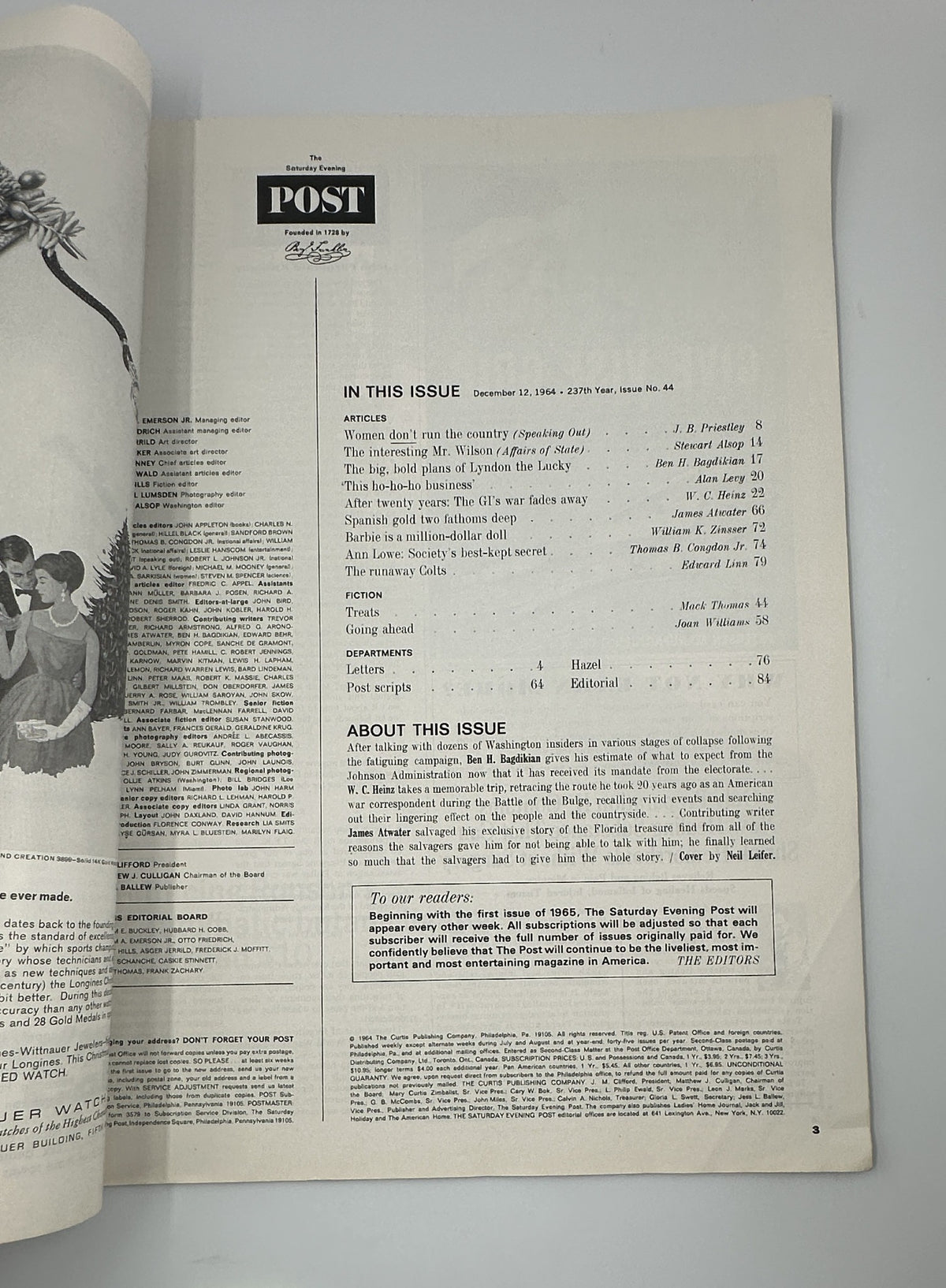 Inside page of the Saturday Evening Post Magazine from December 12, 1964, displaying the Table of Contents. This section outlines articles including 'Women don't run the country' by J. B. Priestley, and features important topics from the era.