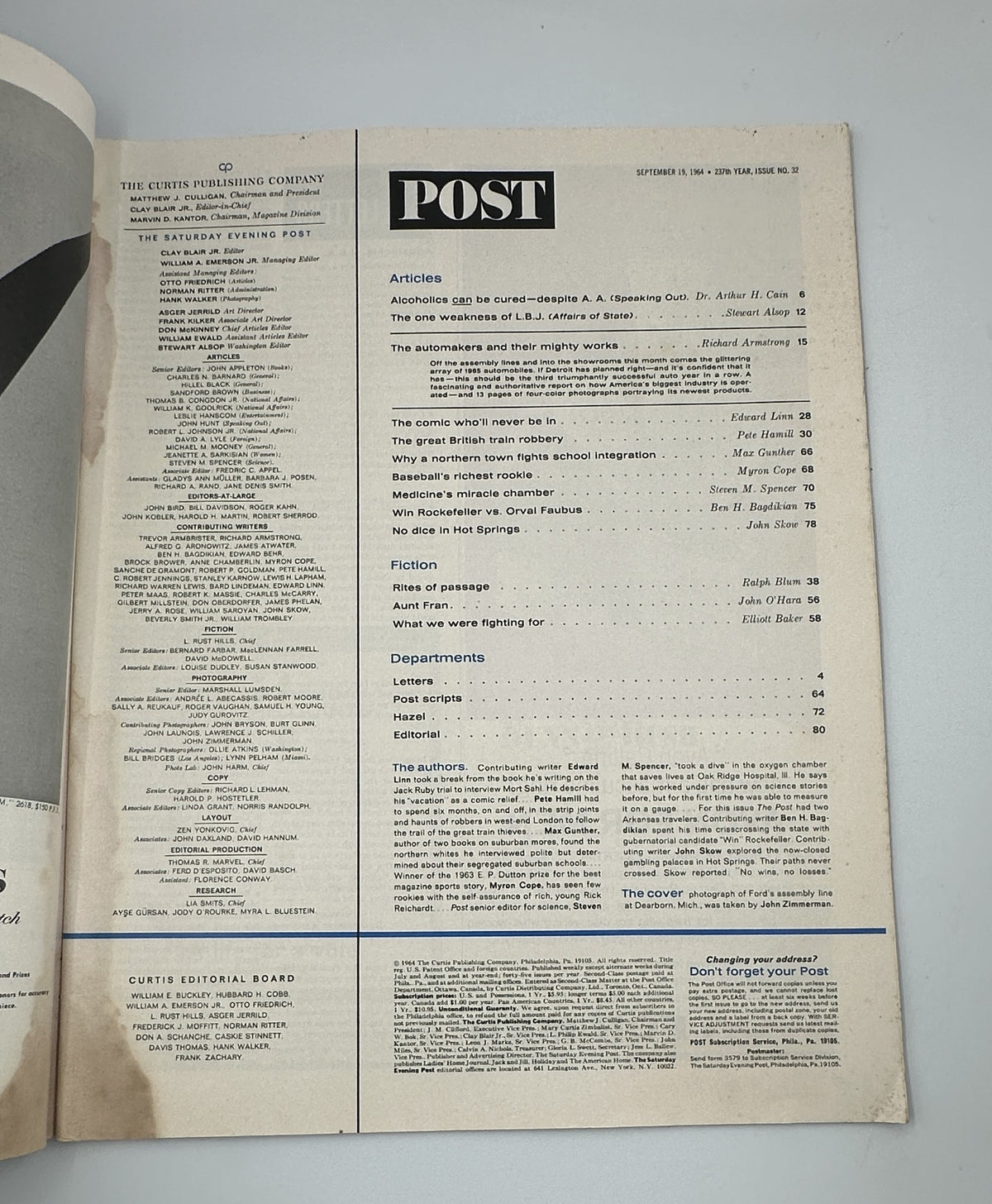 Table of contents from the Saturday Evening Post Magazine dated September 19, 1964, featuring articles on various topics including the Great Train Robbery.