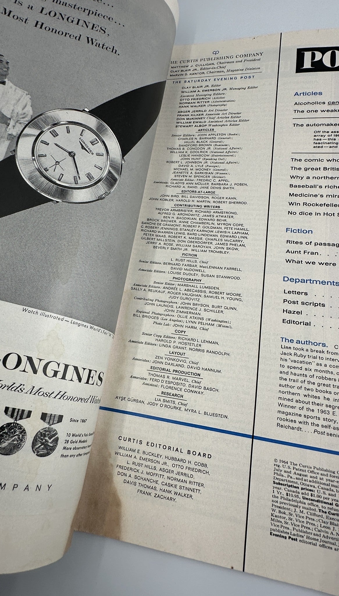 Inside page of the Saturday Evening Post magazine from September 19, 1964, displaying the Table of Contents with articles including a report on the Great Train Robbery and various features related to societal issues and fiction.
