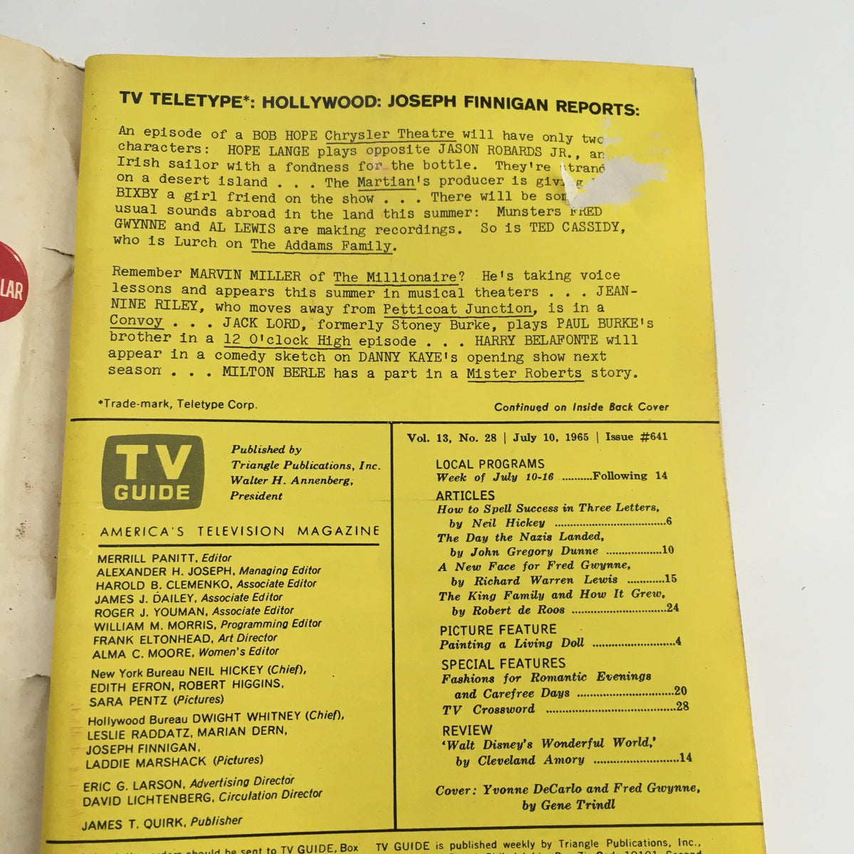 Back cover of TV Guide Magazine July 10, 1965 showcasing TV Teletype news, articles, and magazine details, perfect for nostalgic collectors.