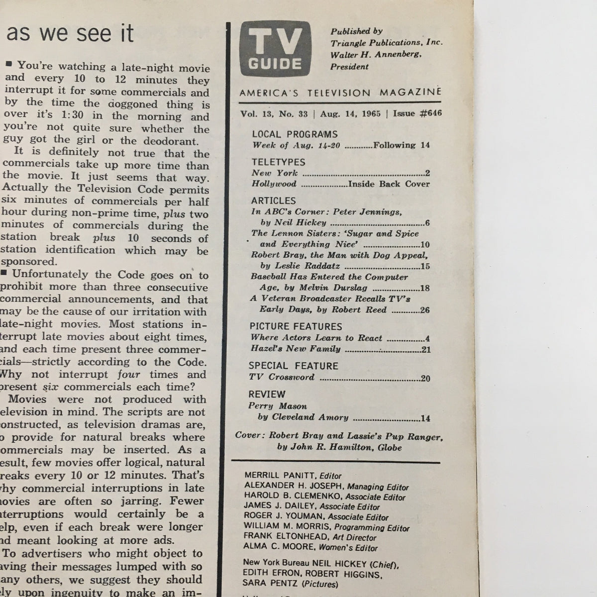 Interior page of TV Guide Magazine from August 14, 1965 featuring articles and program listings, including Robert Bray and Pup Ranger on the cover.