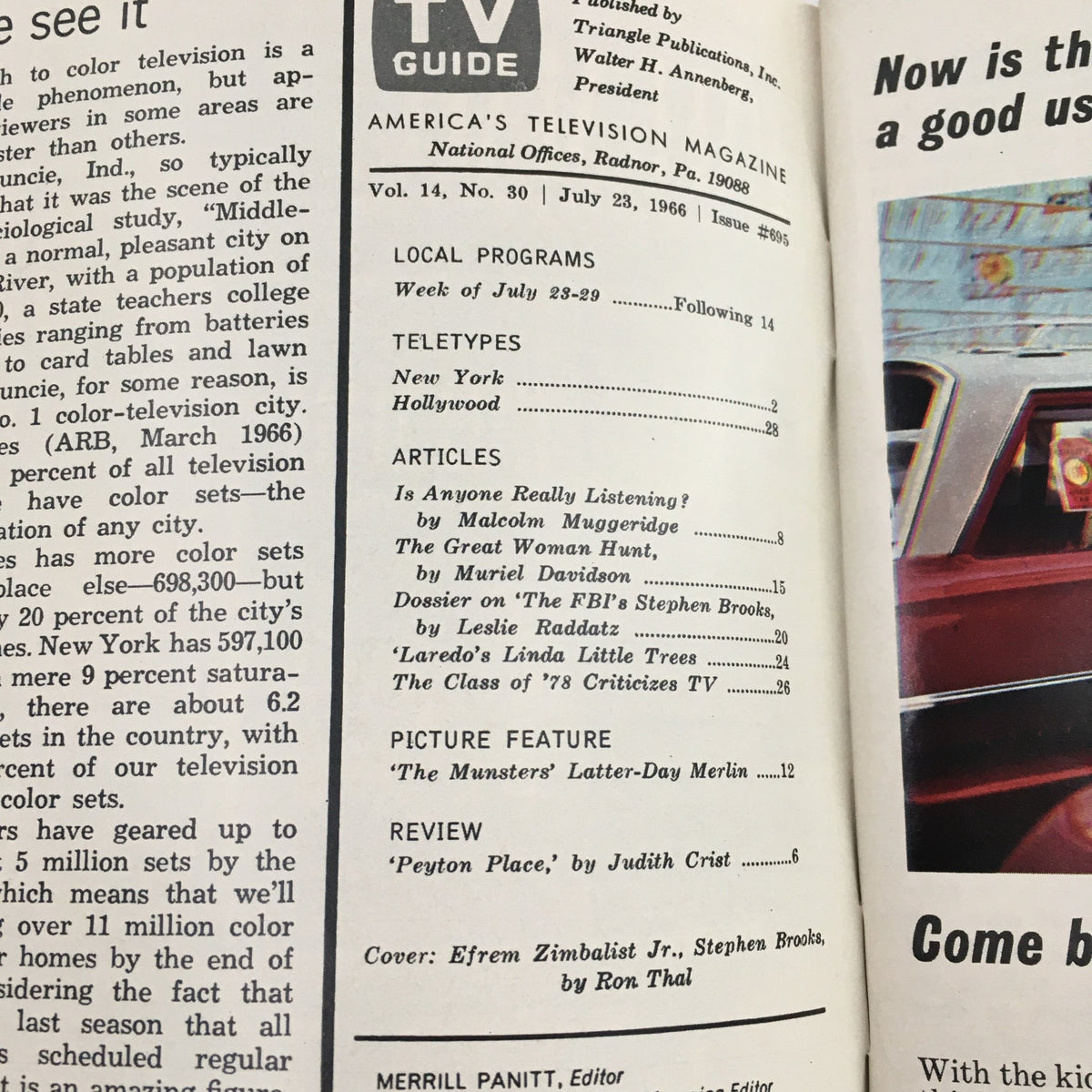 Inside of TV Guide Magazine July 23 1966, displaying articles and features including Efrem Zimbalist Jr. and television programming details.