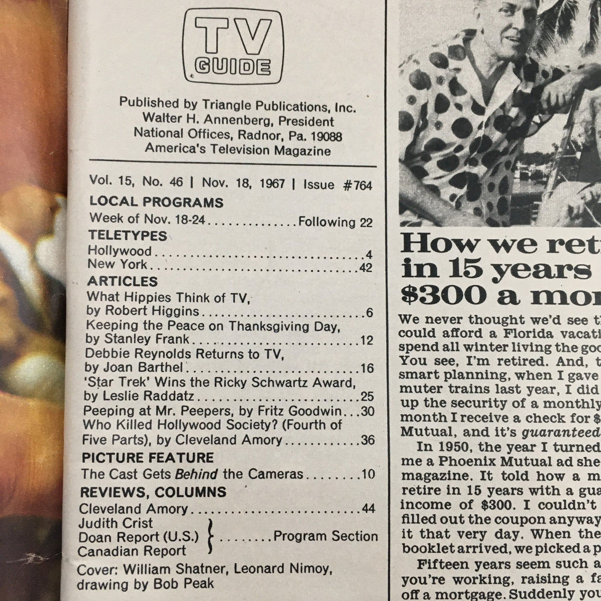 Interior page of the TV Guide November 18, 1967, detailing local programs and articles, including insights about Star Trek and television history.