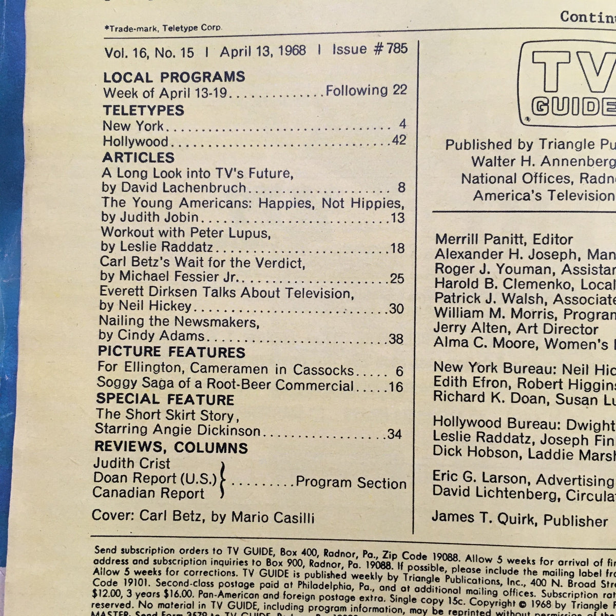 Back cover of TV Guide April 13, 1968, showing contents including articles and features like 'Carl Betz's Wait for the Verdict' and other listings.