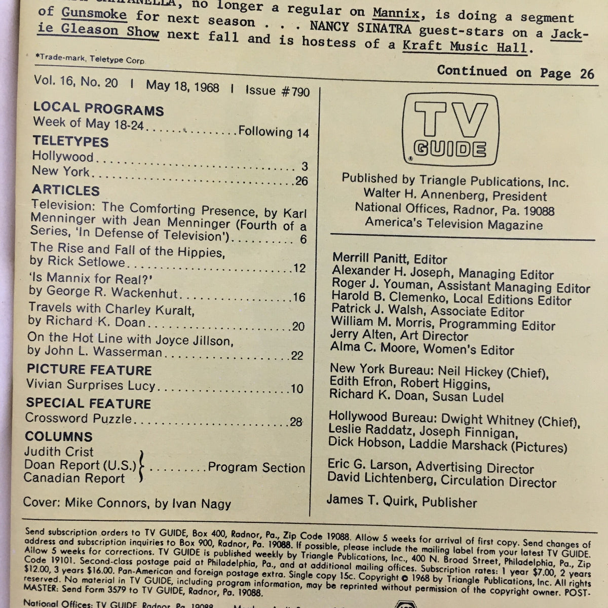 Inside page of TV Guide Magazine May 18 1968, highlighting articles and programming details with Mike Connors listed as the feature.