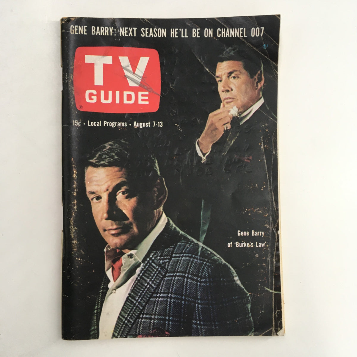 TV Guide Magazine from August 7, 1965 featuring Gene Barry on the cover, highlighting his role in 'Burke's Law' with details on local programming.