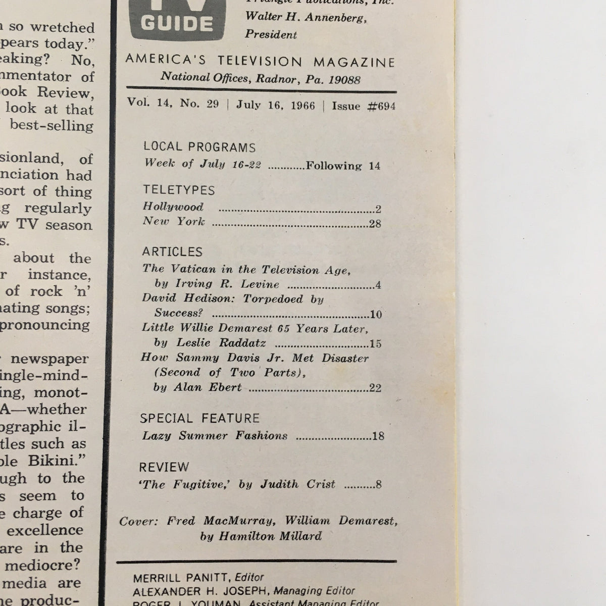 Inside page of TV Guide Magazine July 16 1966 displaying contents and articles. Features Fred MacMurray and William Demarest on the cover.
