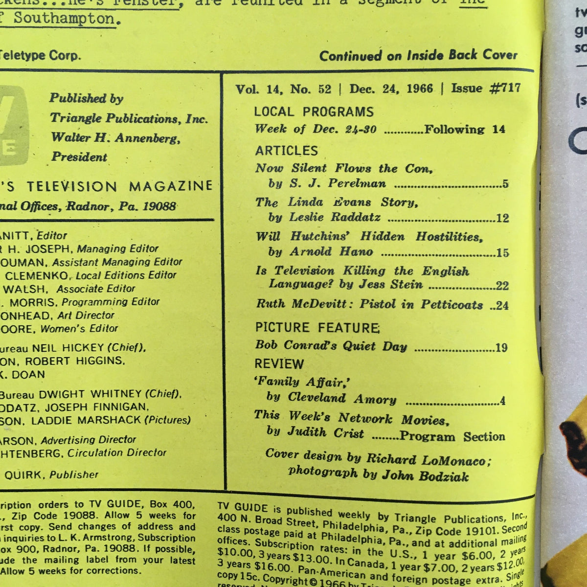 Inside pages of TV Guide Magazine December 24 1966 showing local programs and articles featured in the issue.