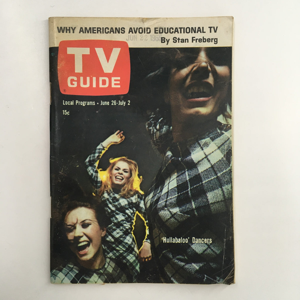 Cover of TV Guide Magazine June 26 1965 featuring Donna McKechnie and Lada Jr., showcasing a vibrant design with 'Hullabaloo' dancers and highlighting the issue's contents on television programming.
