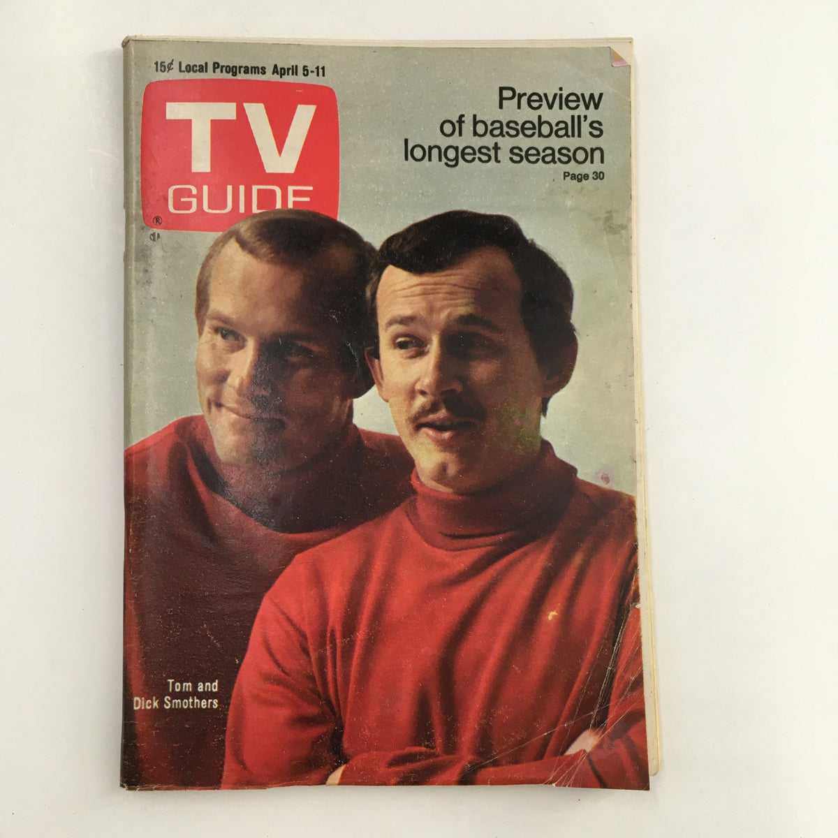 Cover of TV Guide Magazine April 5 1969 featuring Tom and Dick Smothers, highlighting their comedic partnership.