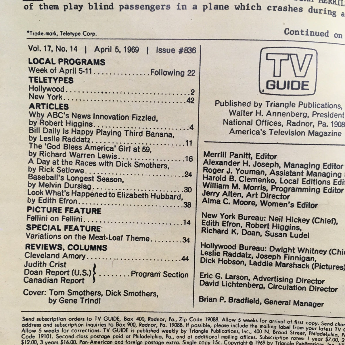 Inner page of TV Guide Magazine April 5 1969, detailing program listings and articles including content related to Tom and Dick Smothers.