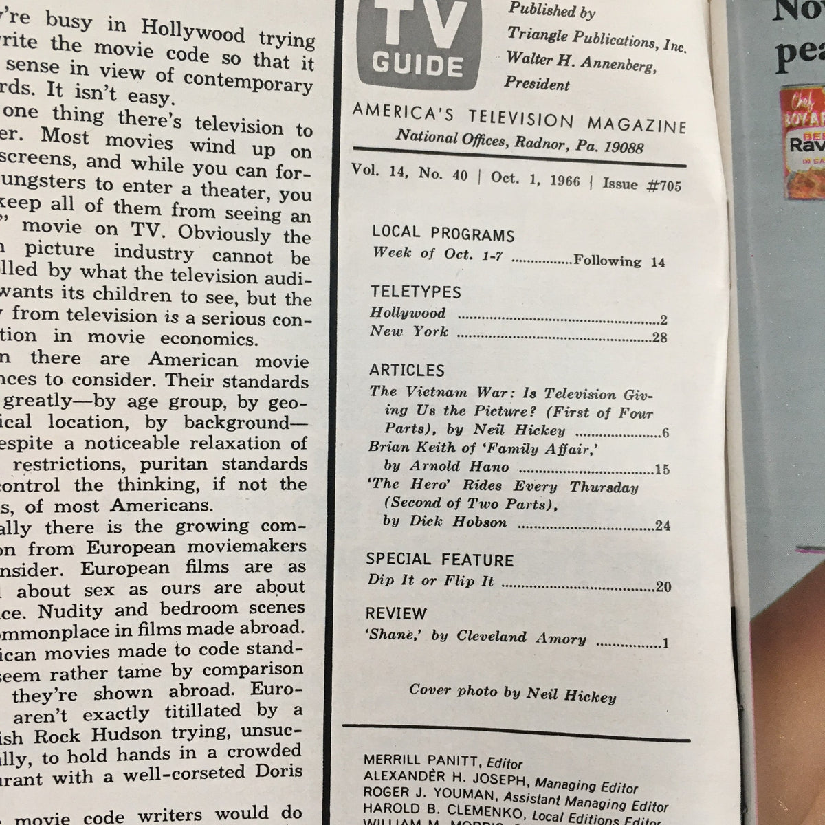 Inside page of TV Guide October 1 1966, Vol 14 No 40, listing articles and features including 'The Vietnam War: Is Television Giving Us the Picture?'