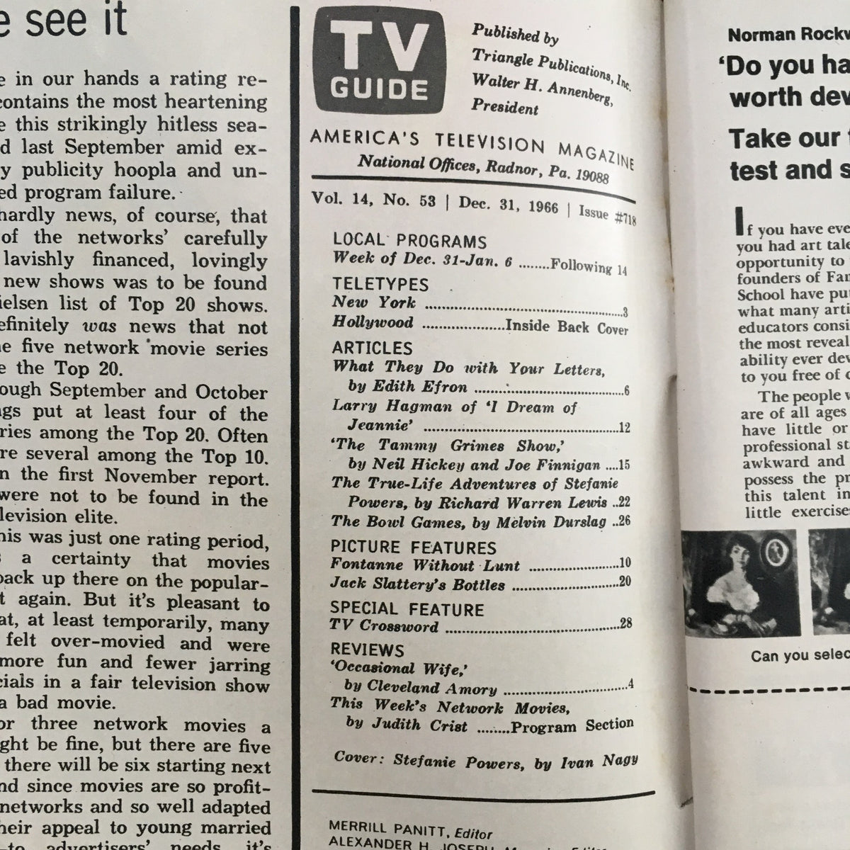 Interior page of TV Guide Magazine December 31 1966 showcasing articles and listings, with a focus on Stefanie Powers and featured programs from that era.