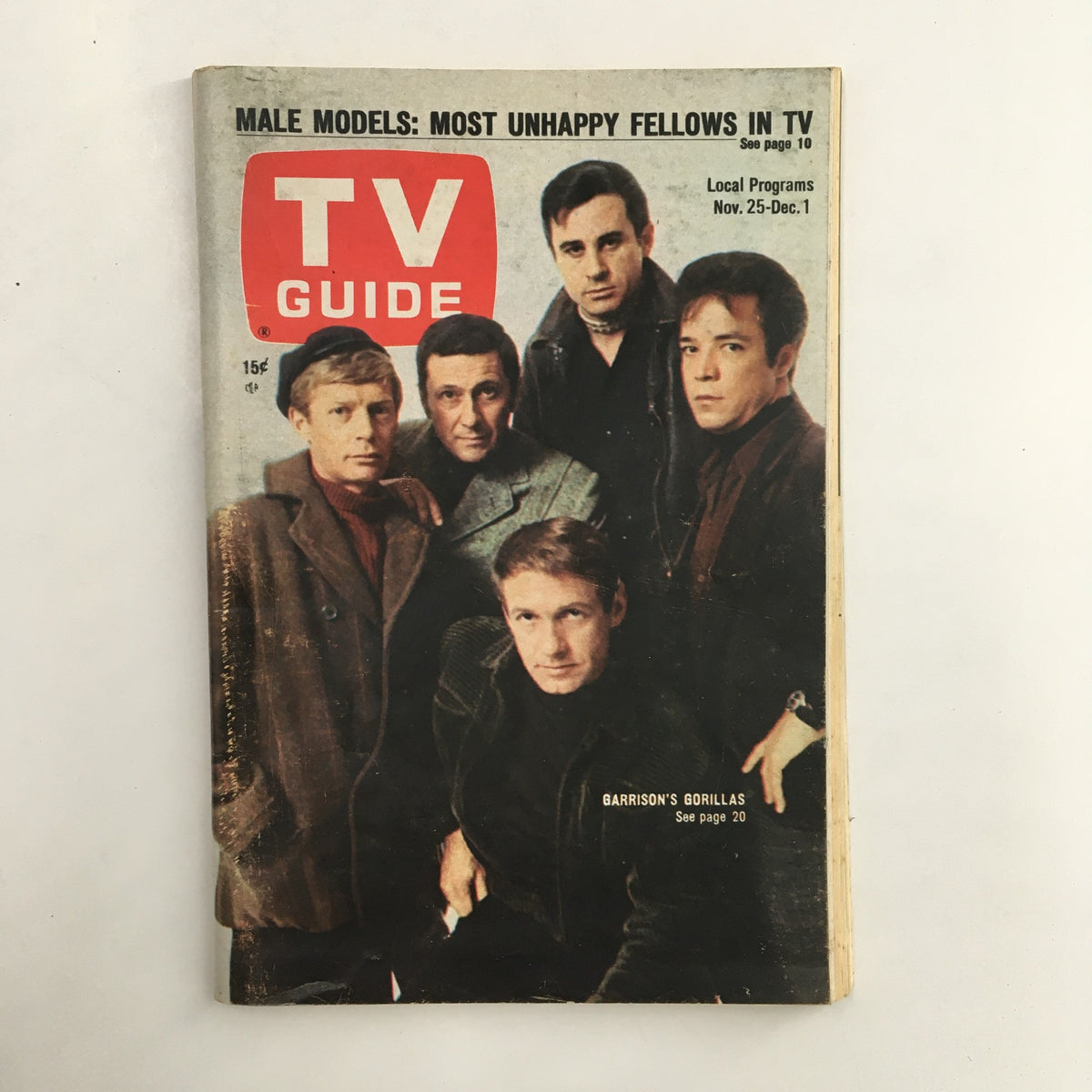 TV Guide Magazine from November 25, 1967 featuring Chris Carey, Ron Harper, and other male models on the cover, showcasing vintage television nostalgia.