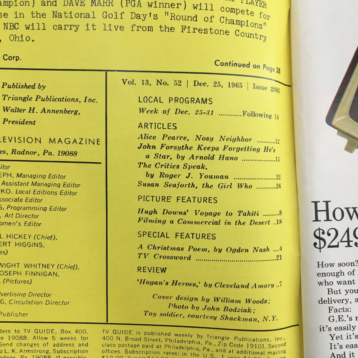Interior page of TV Guide Magazine December 25 1965 highlighting articles and local programs, featuring text layout and details.