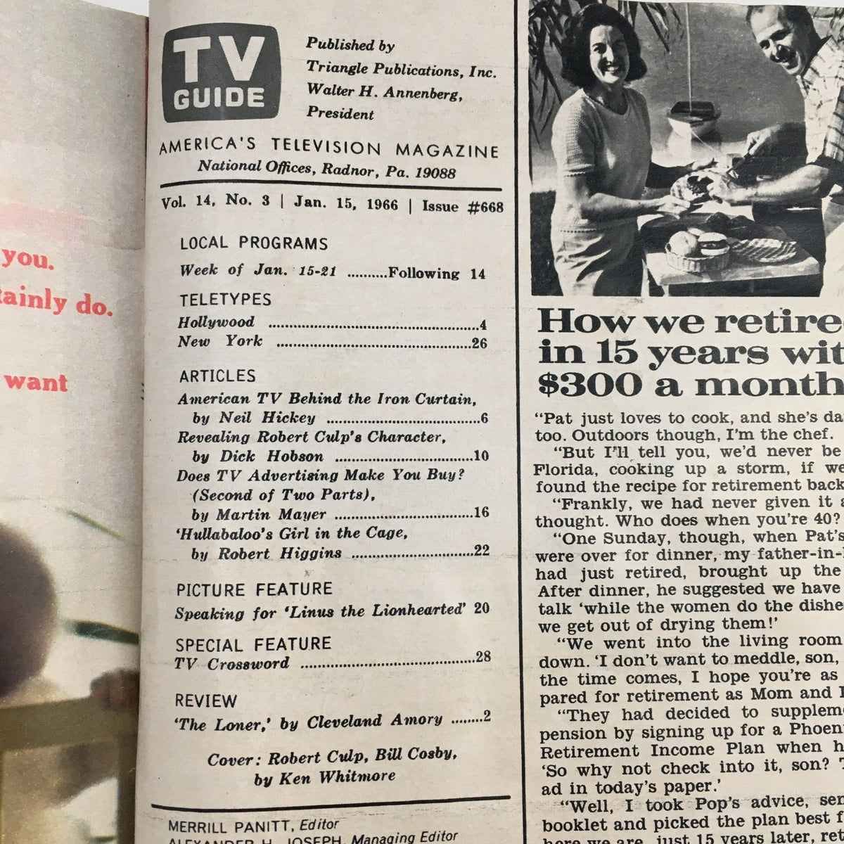 Interior page of TV Guide Magazine January 15 1966 with articles and features related to television programming and history.